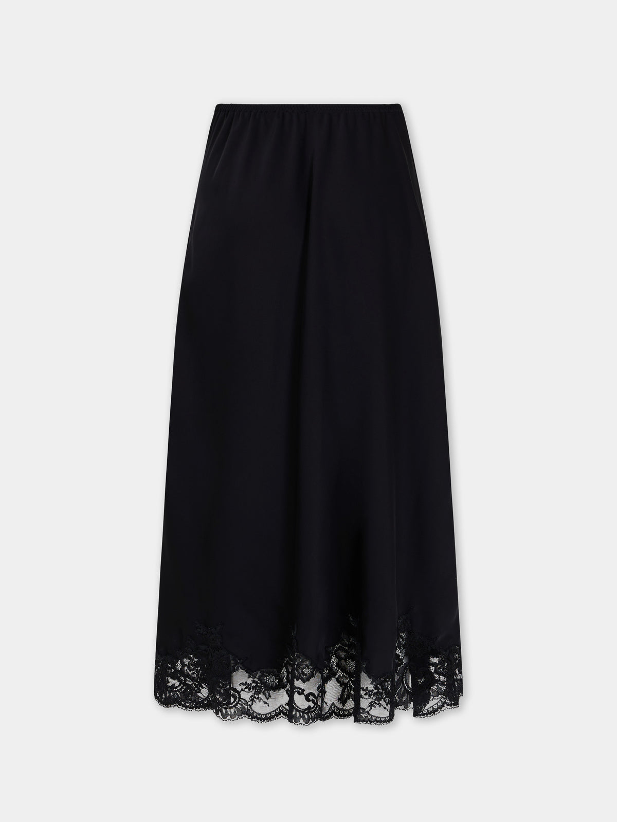 Midi skirt in black silk satin with lace trim