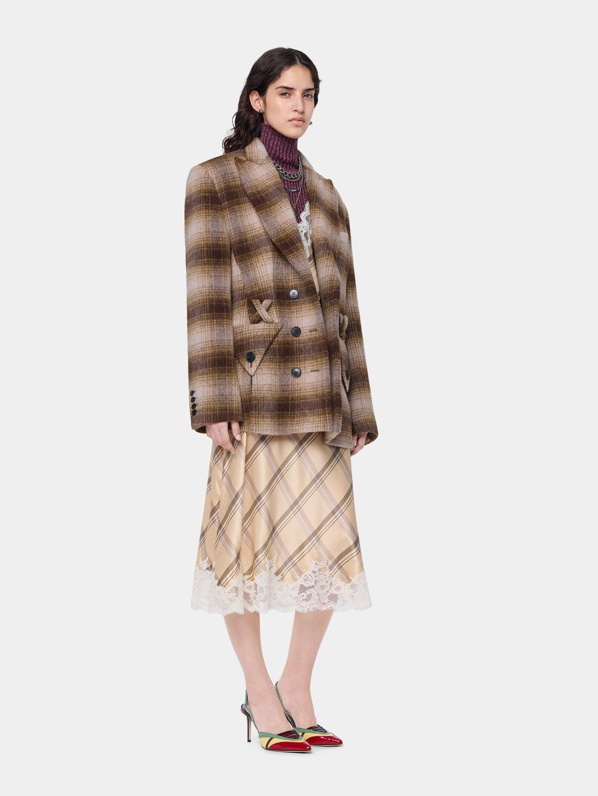 Short structured coat in brown tartan wool - Image 3