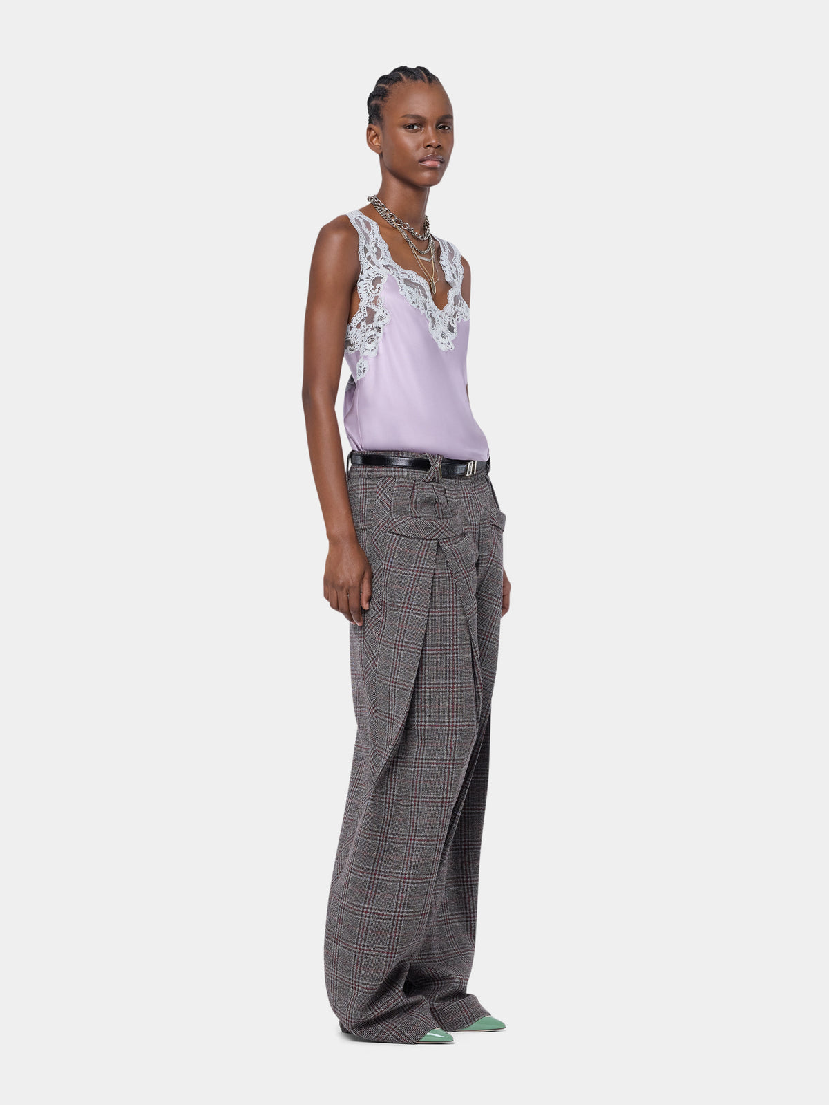 Tailored wide leg trousers in grey tartan wool - Image 3
