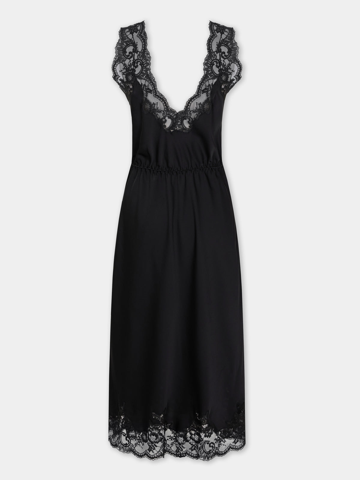 Robe midi en satin de soie noir avec détails en dentelle