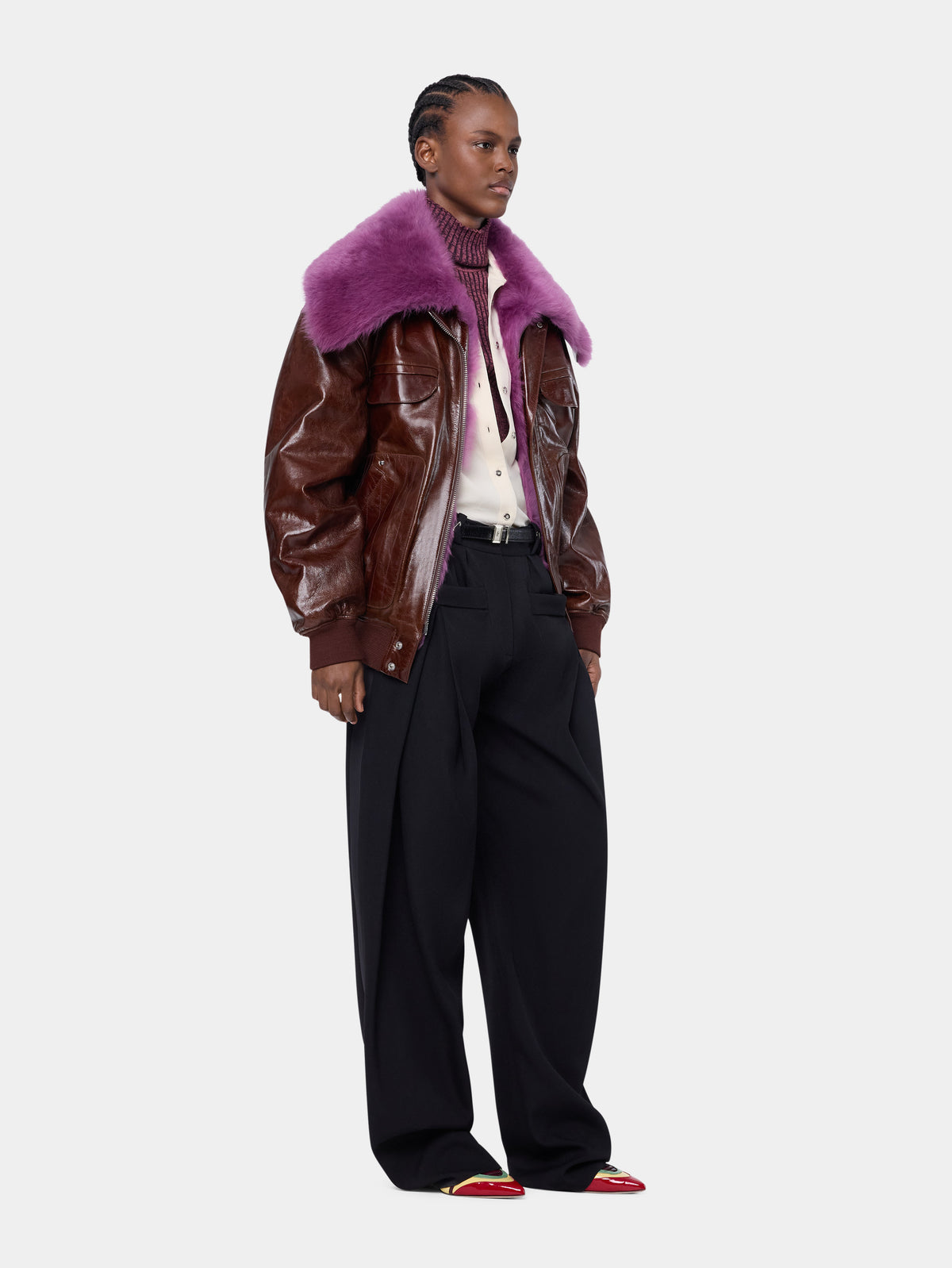 Oversized brown crackled leather bomber jacket with removable shearling collar - Image 3