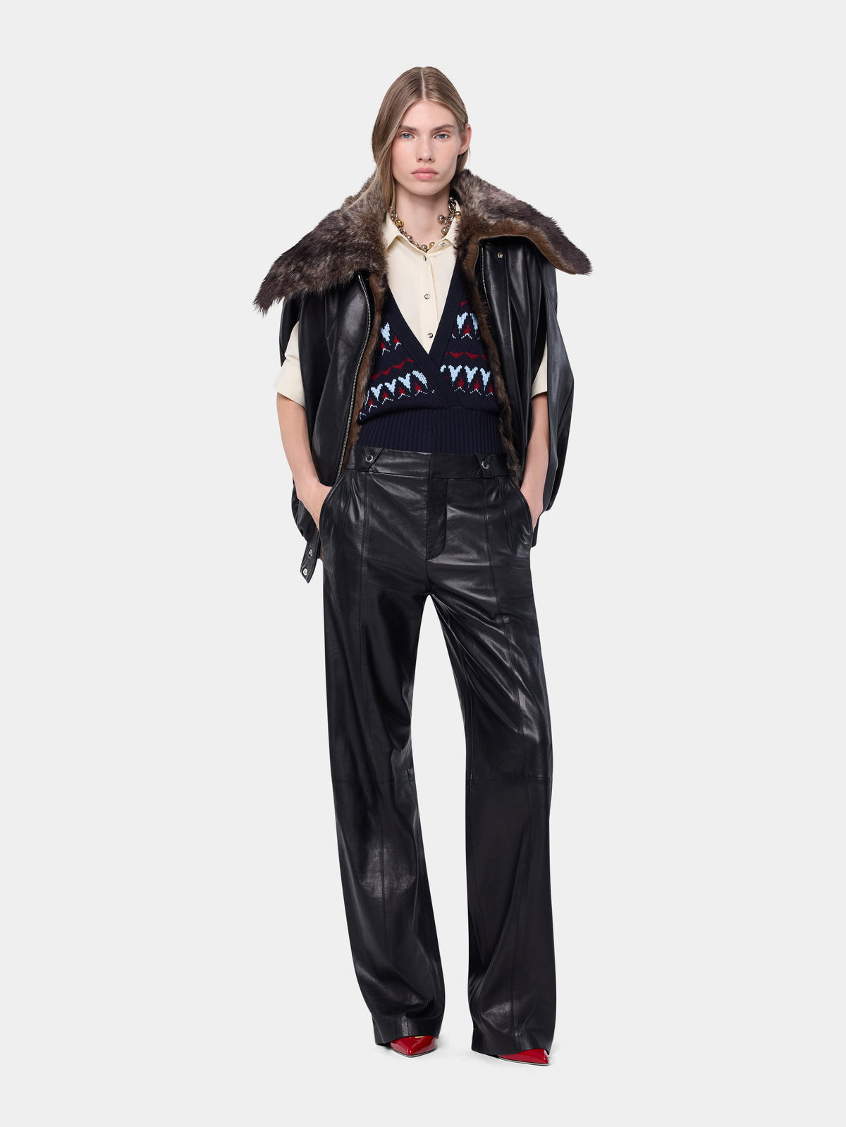 Black lambskin leather cape jacket with removable shearling collar - Image 2