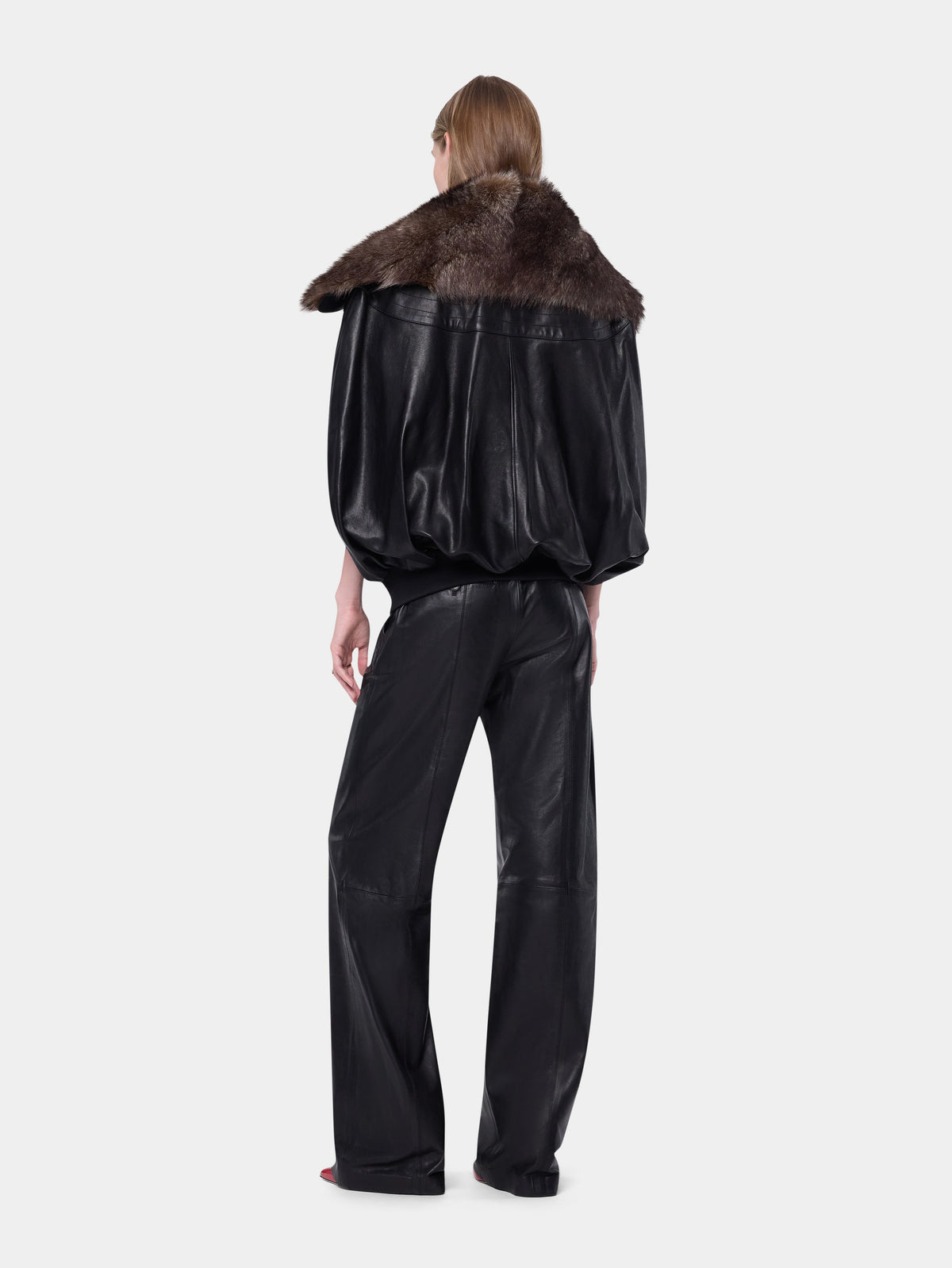 Black lambskin leather cape jacket with removable shearling collar