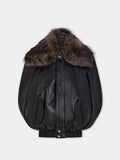 Black lambskin leather cape jacket with removable shearling collar