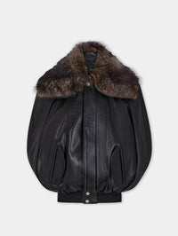 Black lambskin leather cape jacket with removable shearling collar