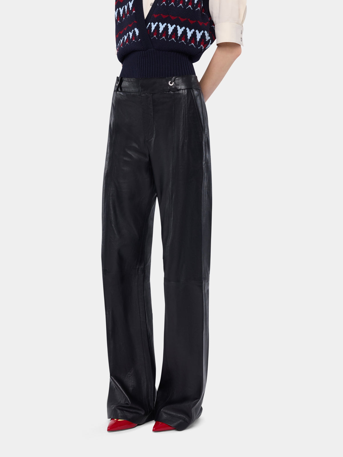 Pantalon droit en cuir lisse noir d'agneau