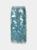 Hand assembled midi skirt in blue layered bilics
