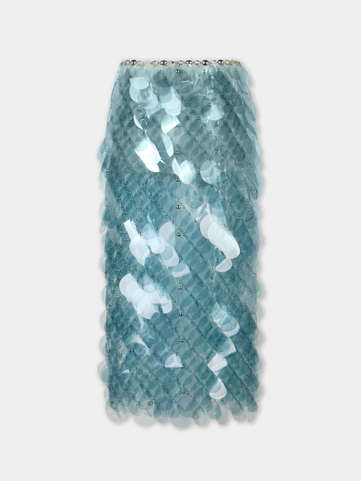 Hand assembled midi skirt in blue layered bilics