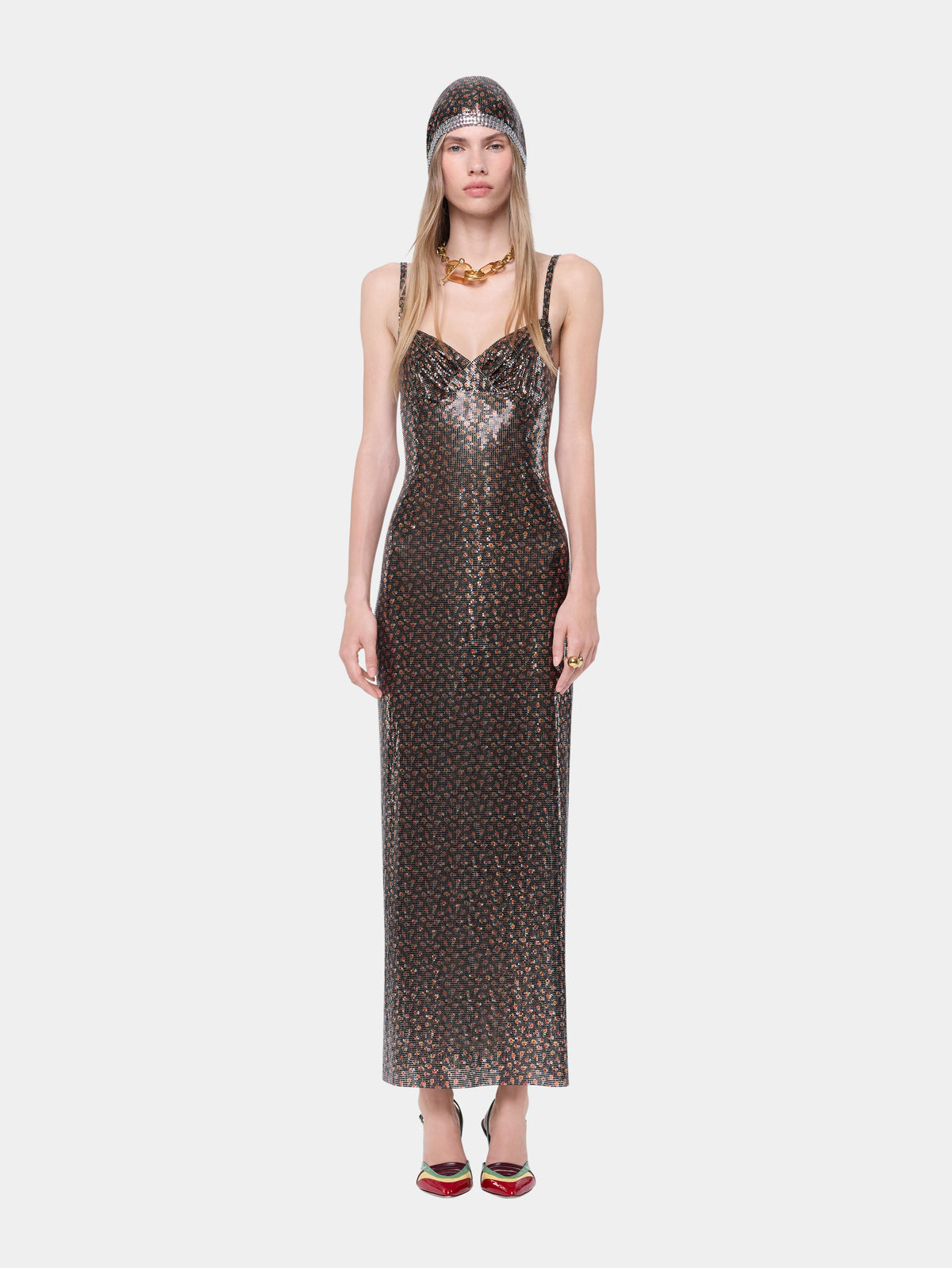Hand assembled long dress in black liberty print mesh - Image 2