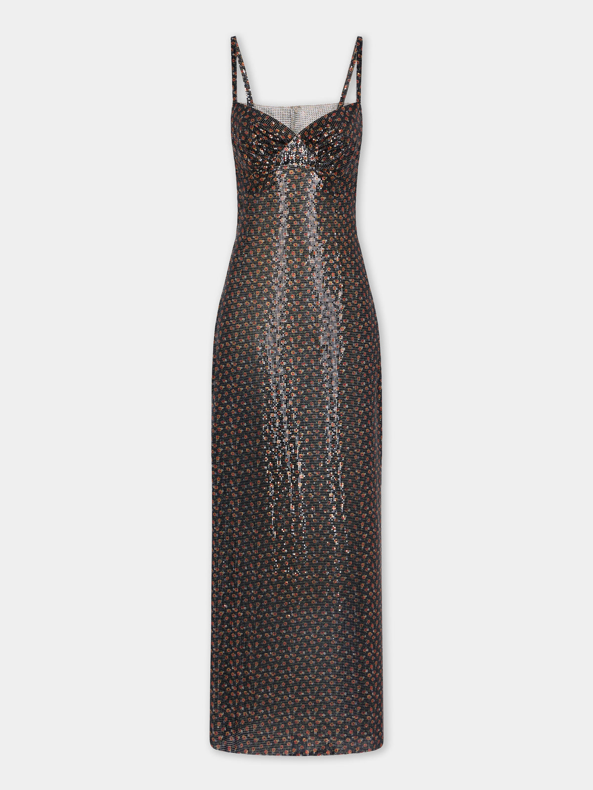 Hand assembled long dress in black liberty print mesh - Image 1