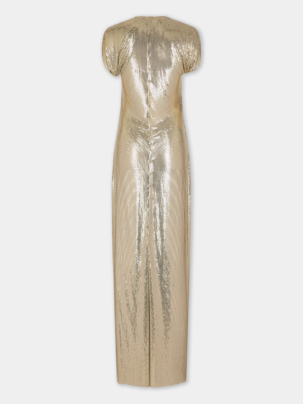 Robe longue Dinh Van x Rabanne en mesh doré assemblé à la main