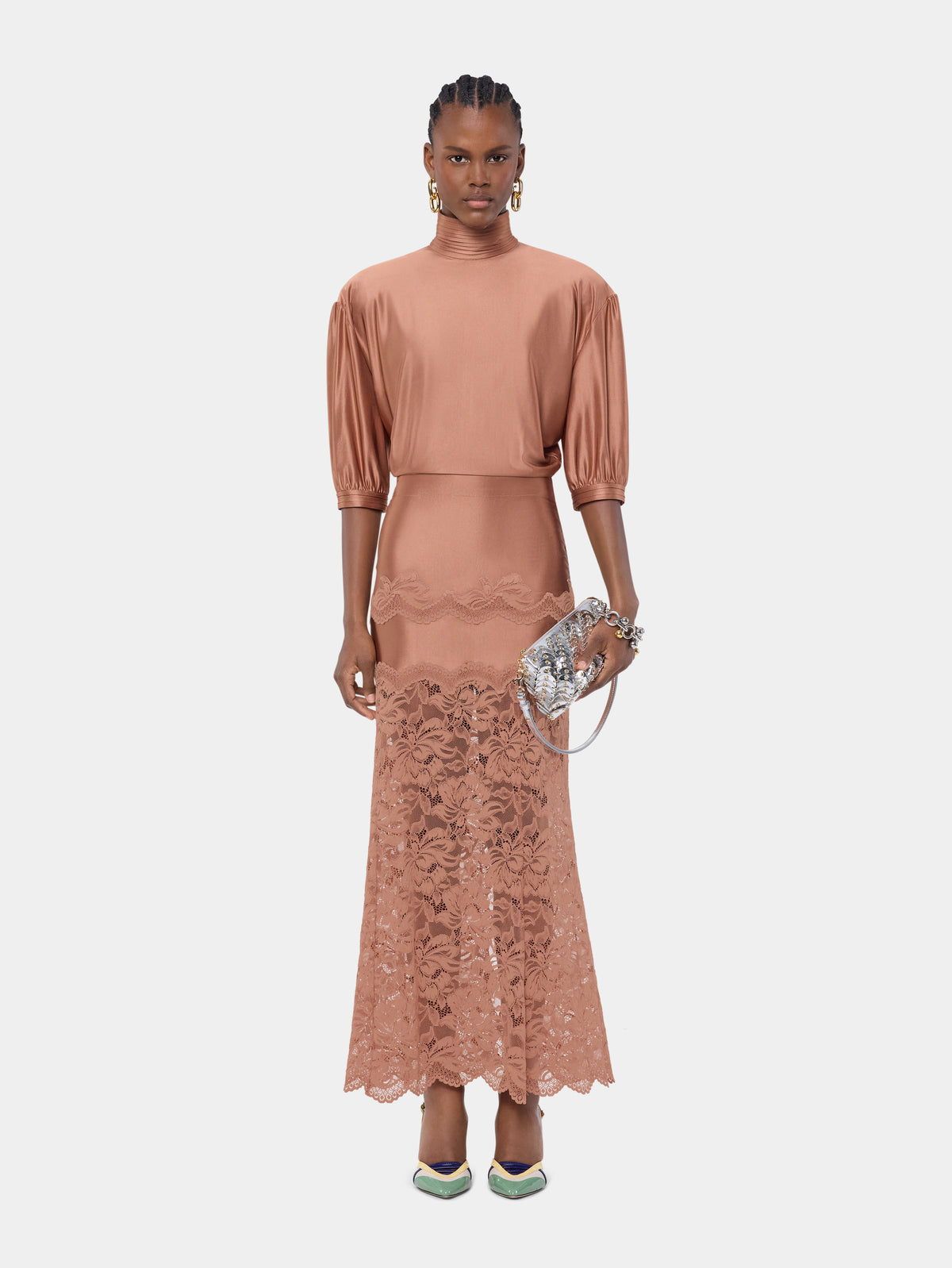 Camel midi skirt in lace and jersey - Image 2