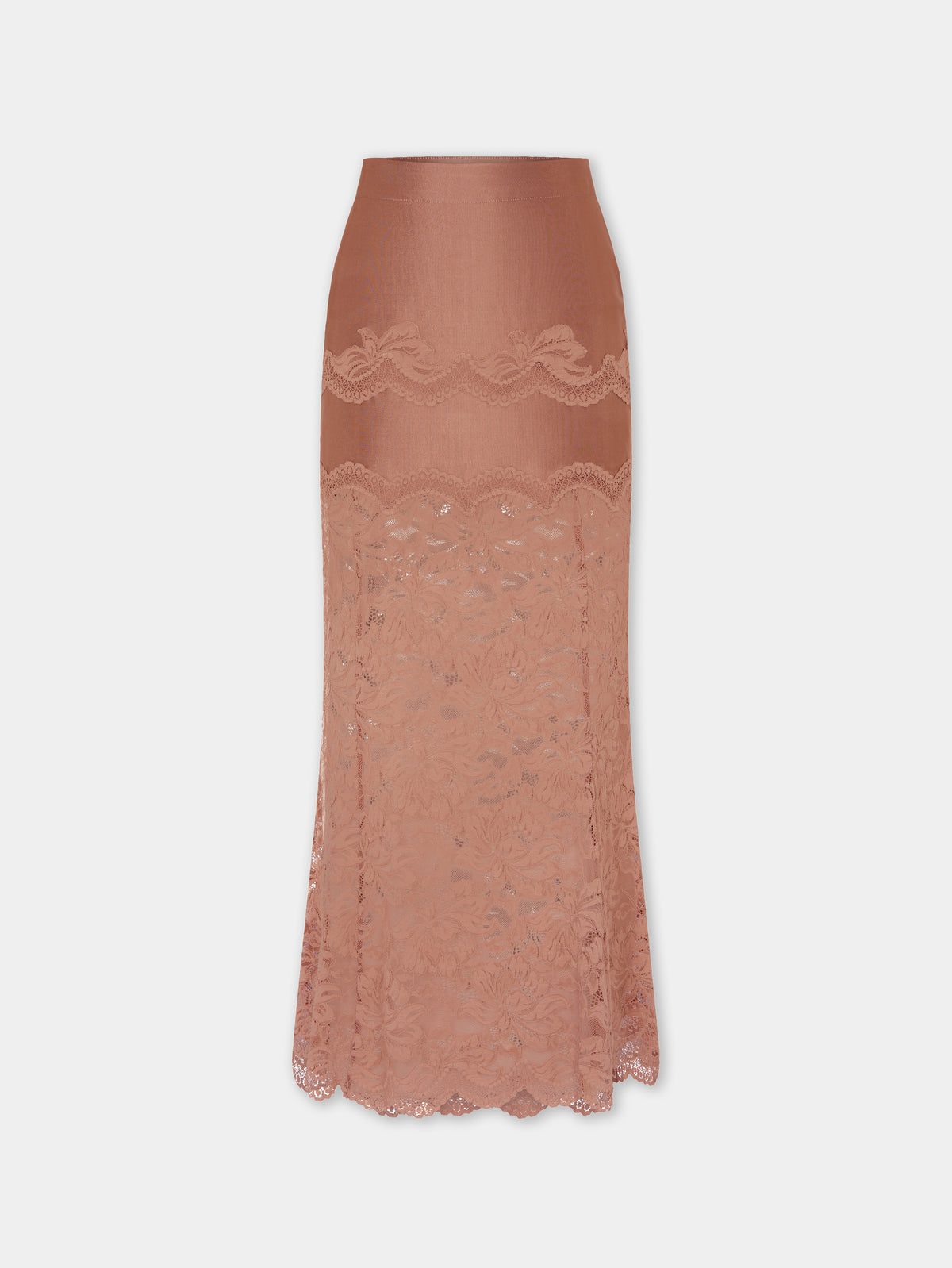 Jupe midi camel en dentelle et jersey