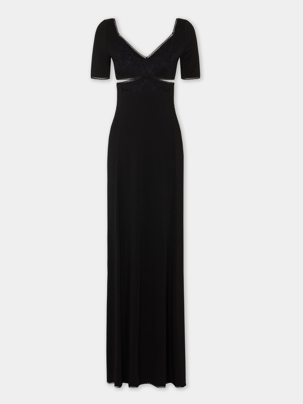 Long black lingerie dress with embroidered floral details - Image 1