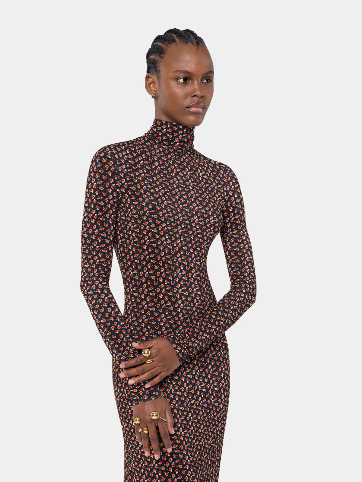 Maxi dress in black liberty print second skin jersey