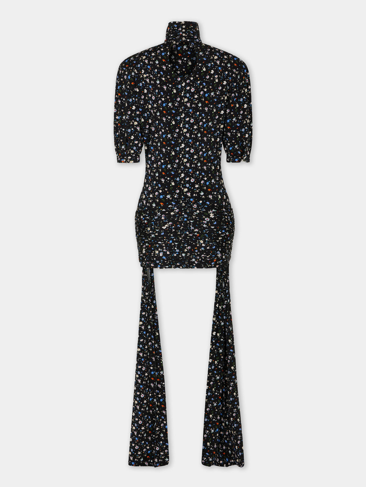 Mini robe noire imprimé floral avec détails de plis