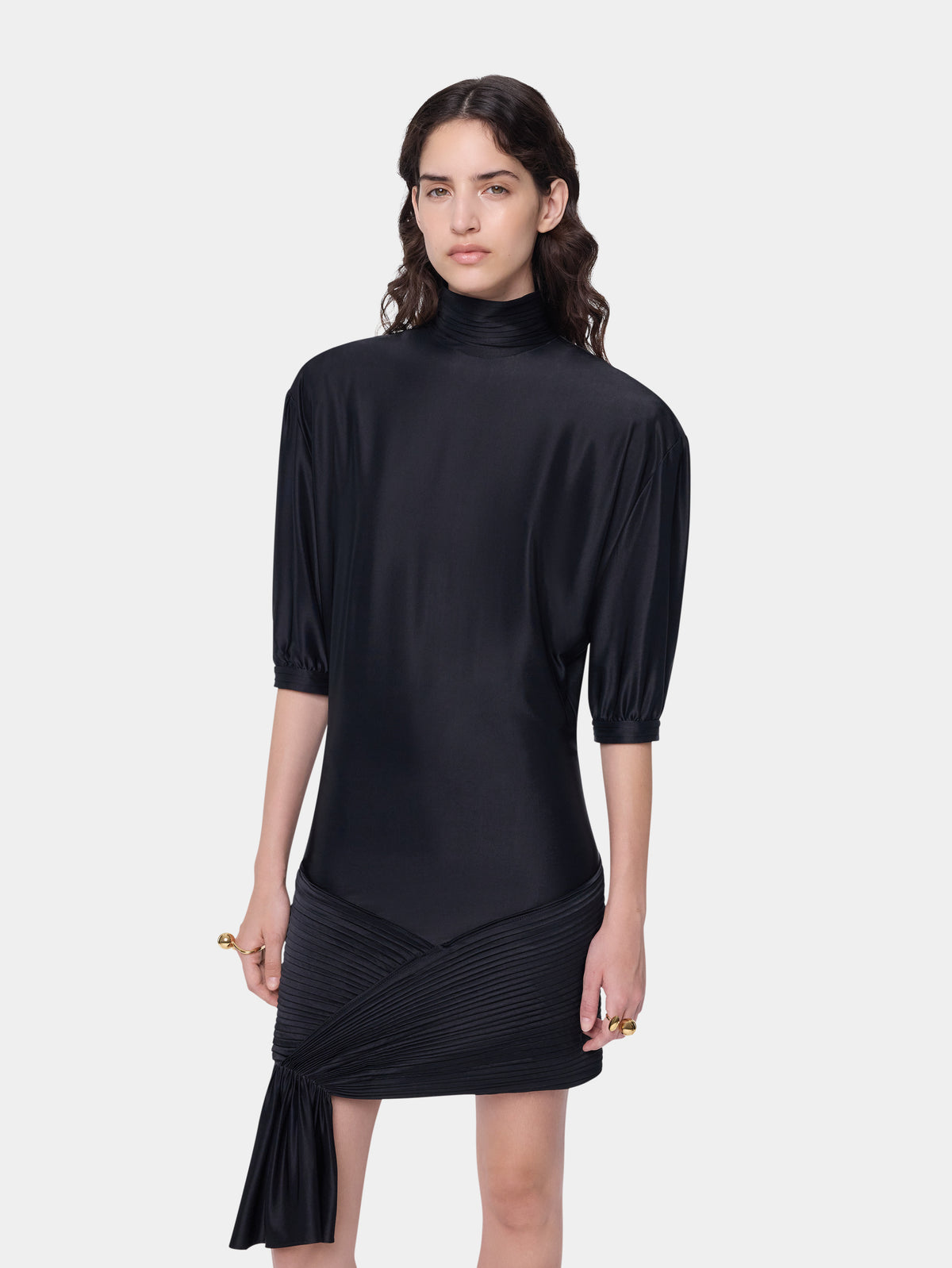 Mini black dress with ruched details