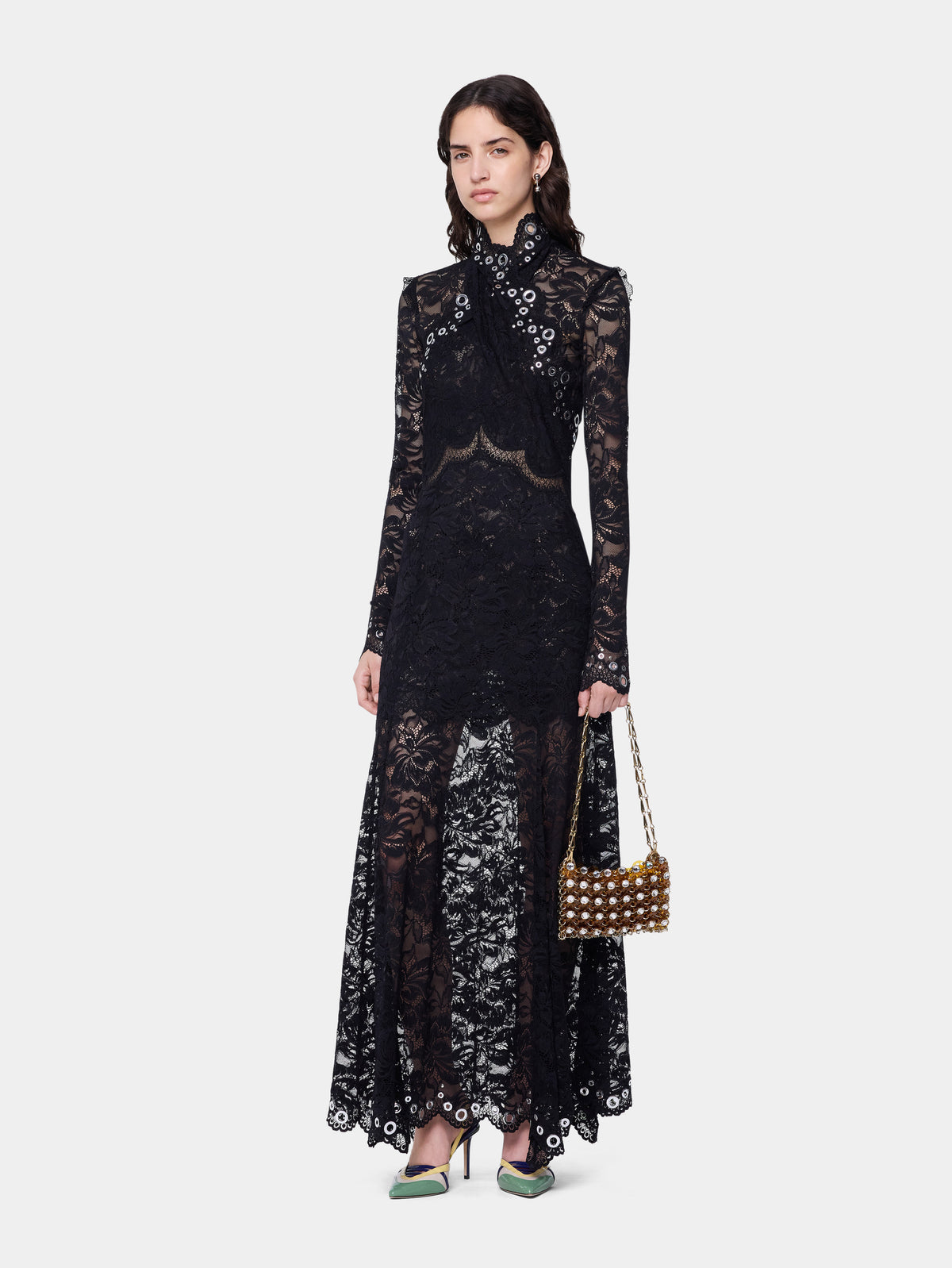 Long dress in black layered lace with silver eyelets details - Image 1