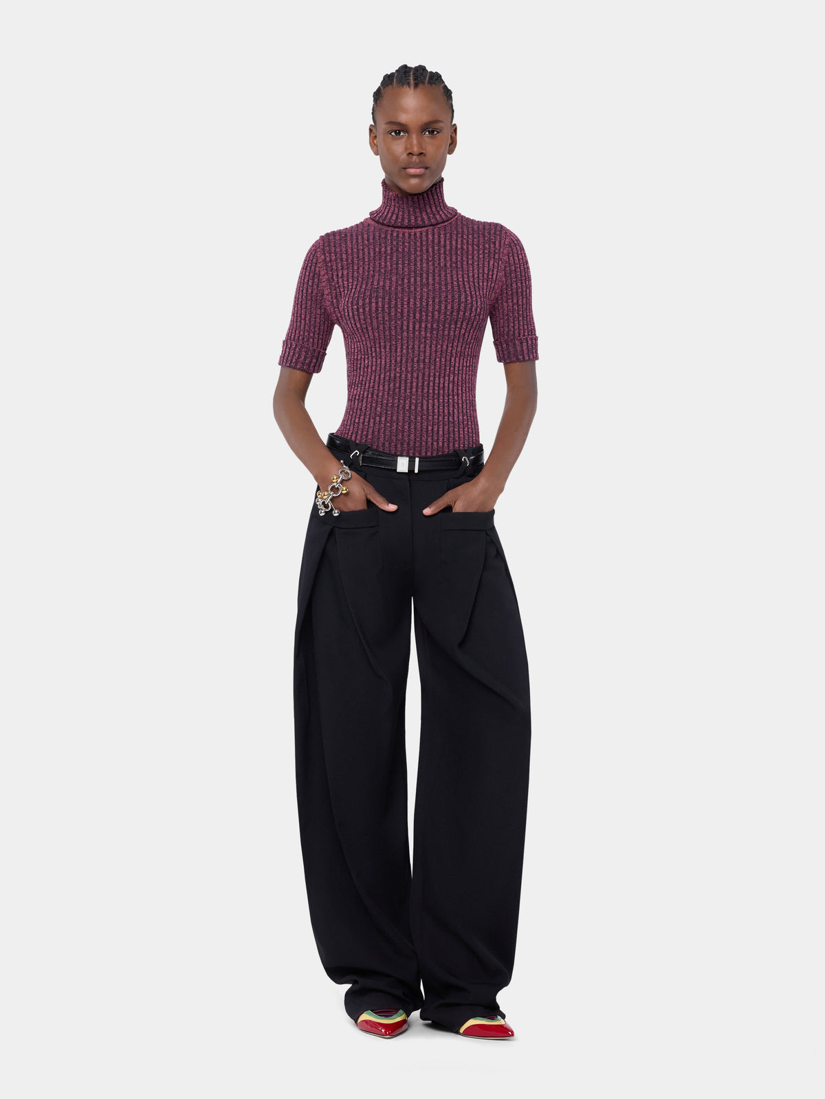 Top en maille de laine violette chiné à col roulé