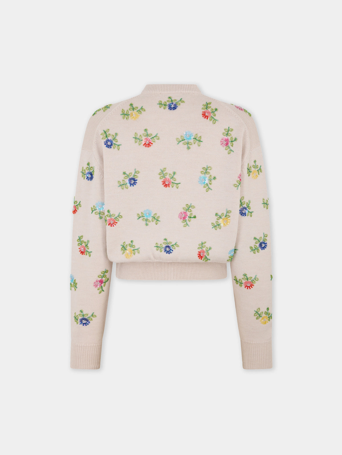 Cardigan en laine beige avec broderie florale multicolore