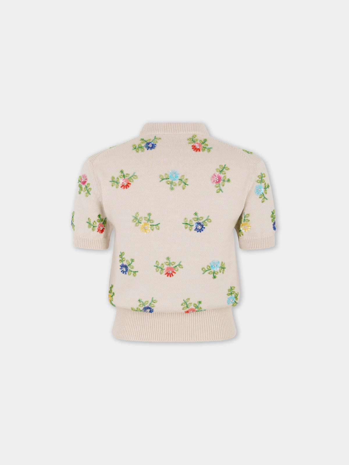 Top en laine beige avec broderie florale multicolore