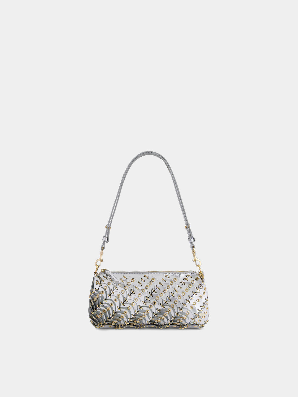 Petit sac Baguette en cuir argenté avec œillets ton sur ton