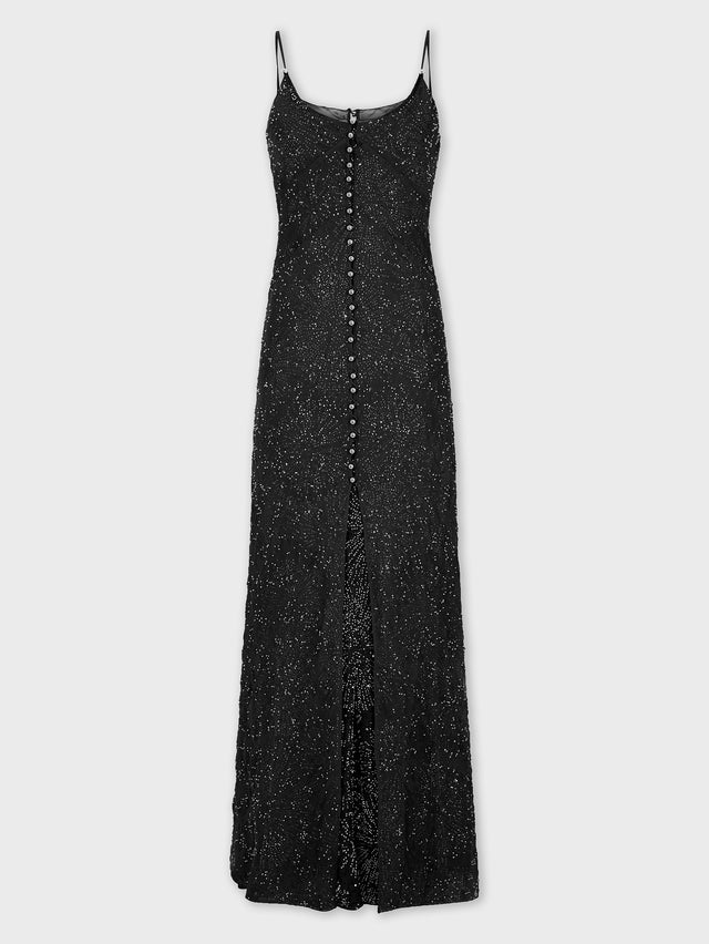 Long crepe dress with pearl embroidery - Image 1