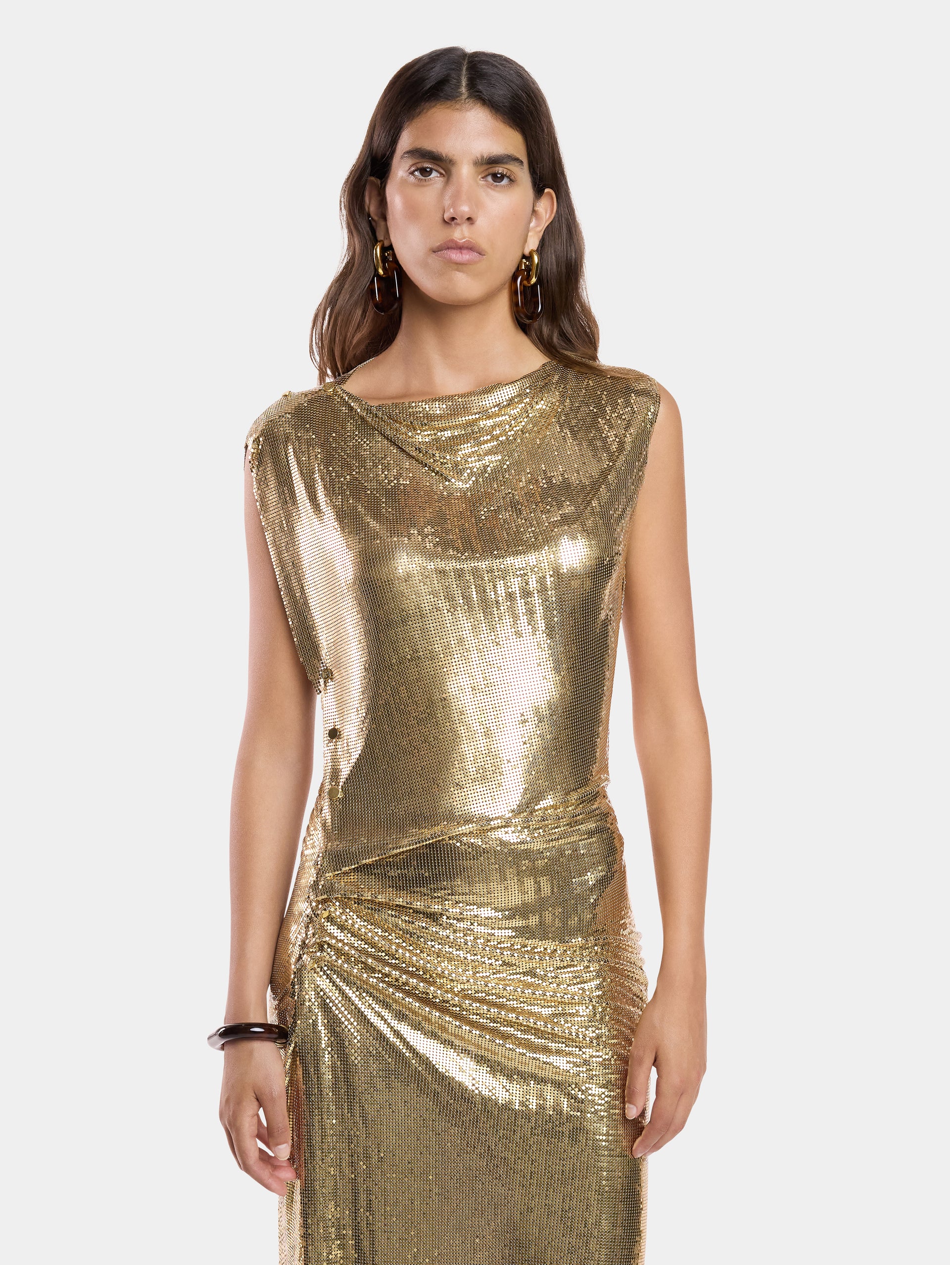 Gold chainmail drapé pression dress