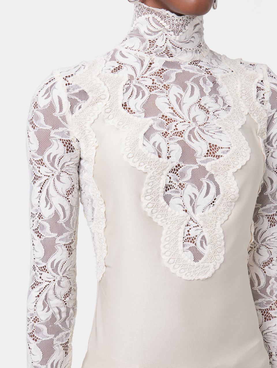 Ivory long-sleeved top in lace and jersey - Image 3