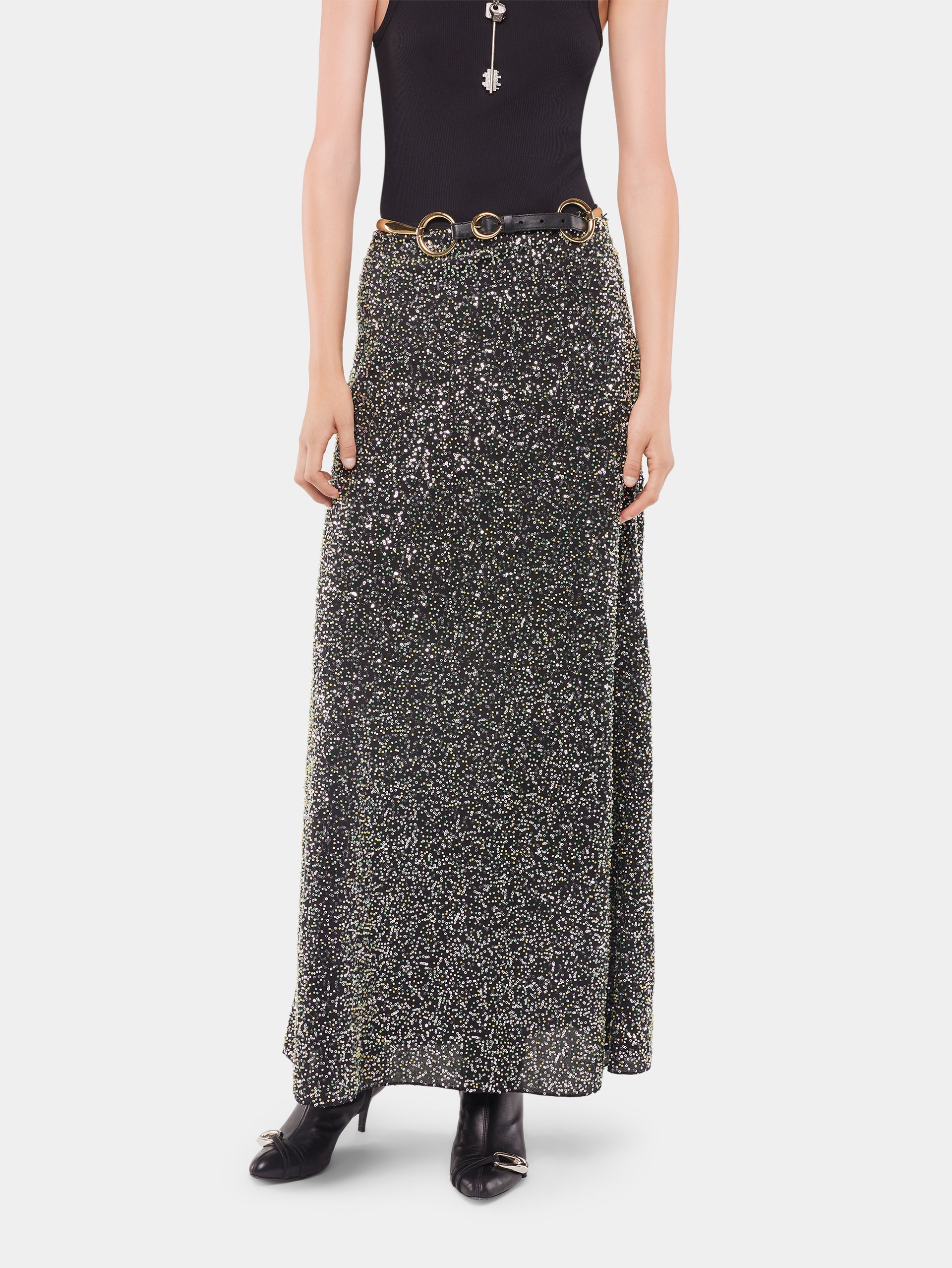 Long skirt in crepe with sequin embroidery details position 5