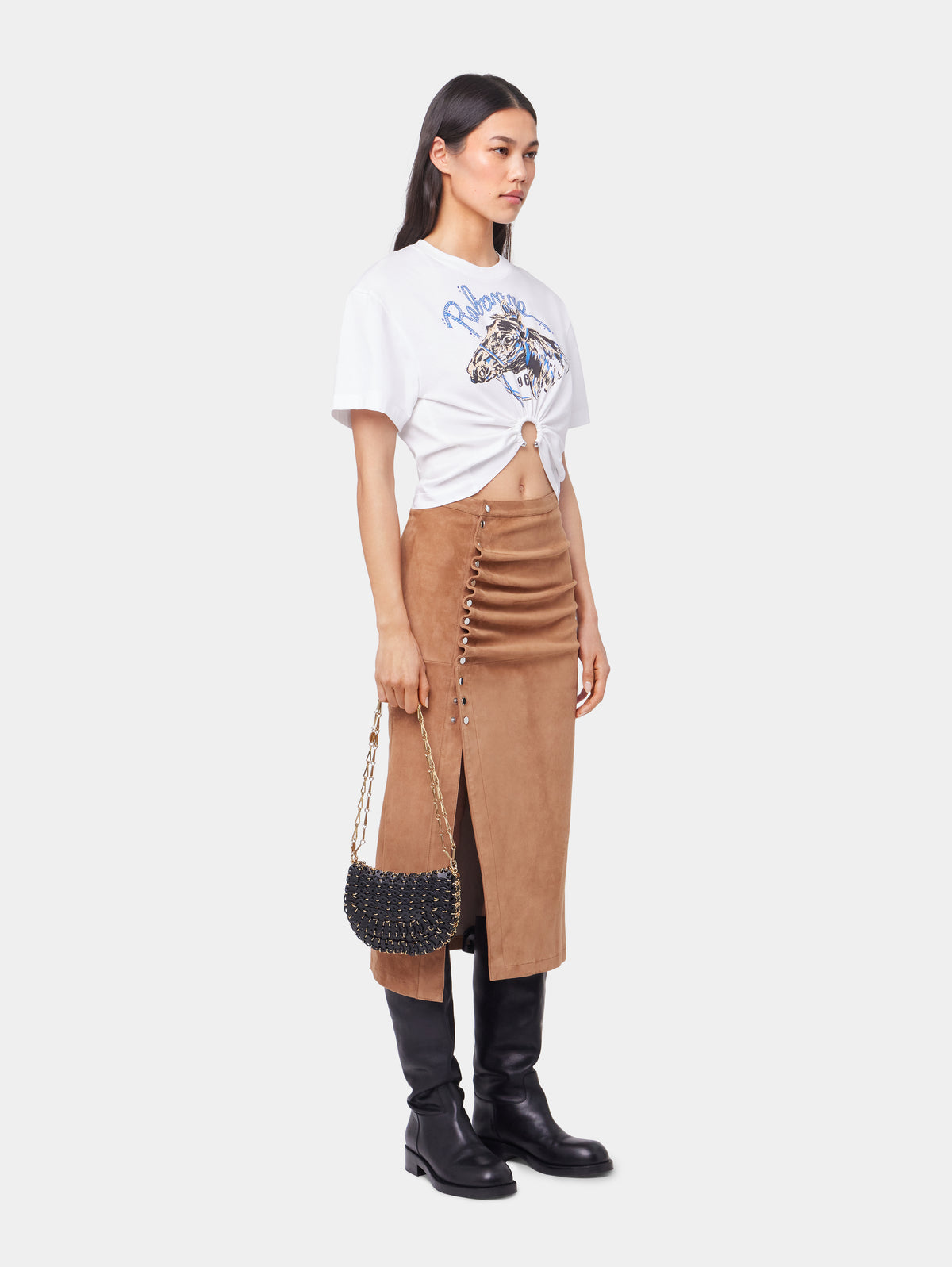 CARAMEL LONG DRAPED SKIRT IN LEATHER position 4