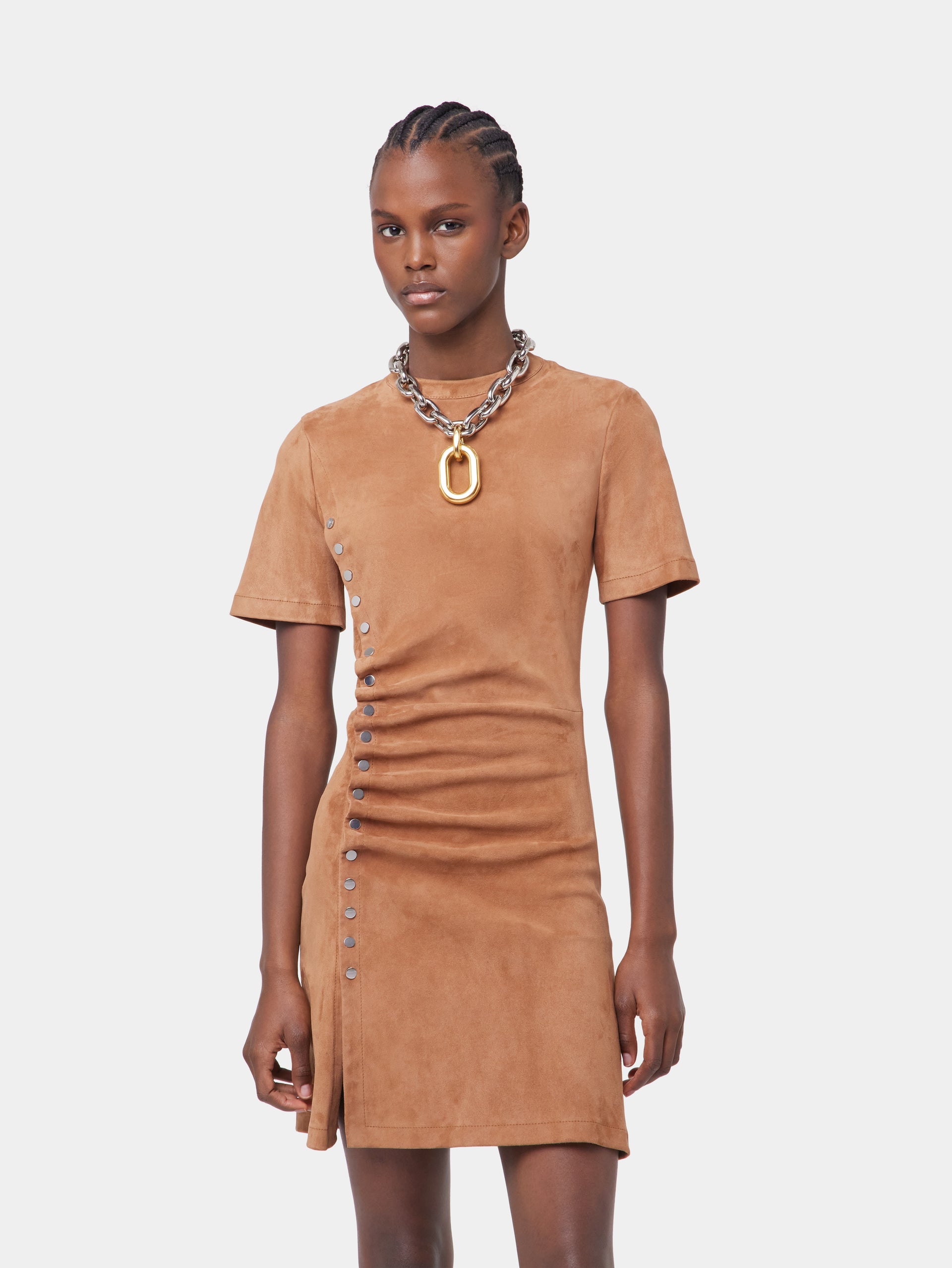 CAMEL SHORT DRAPED DRESS IN LEATHER position 3