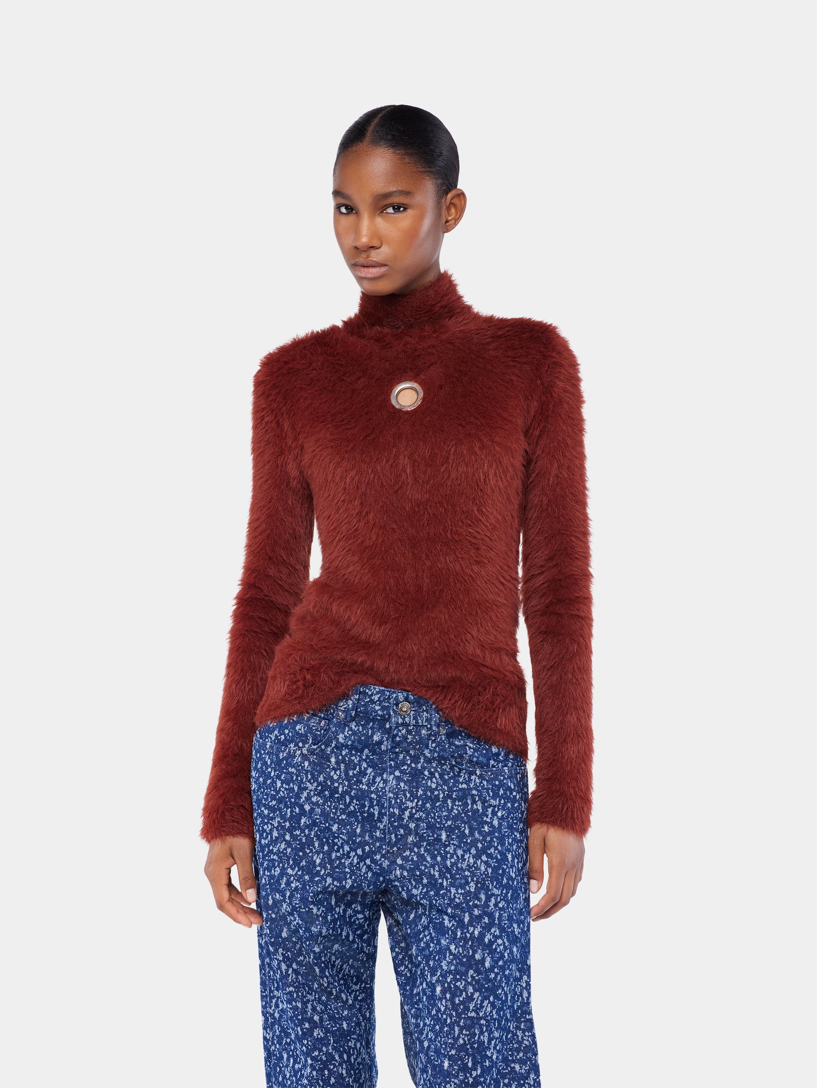 Turtleneck top in brushed knit brown position 3 - Image 3
