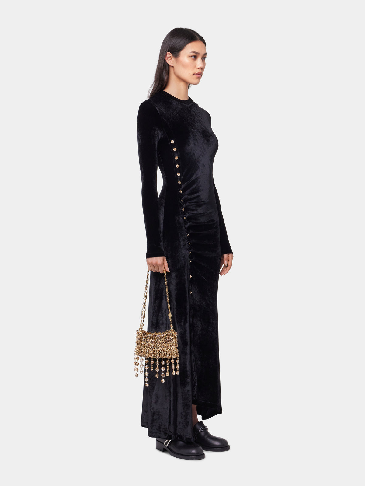 BLACK LONG DRAPED DRESS IN VELVET position 2