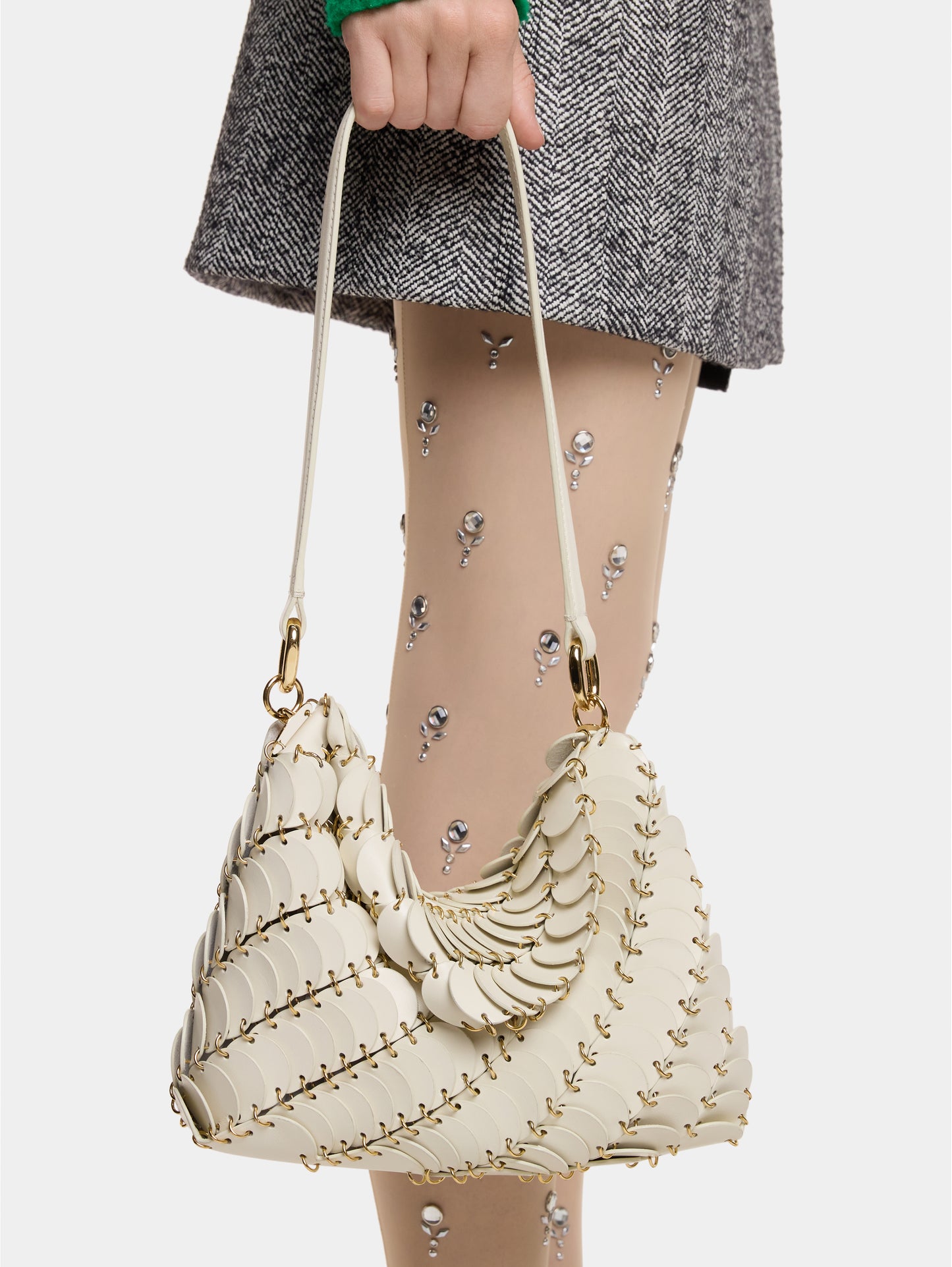 Cream Paco shoulder clutch in calfskin leather