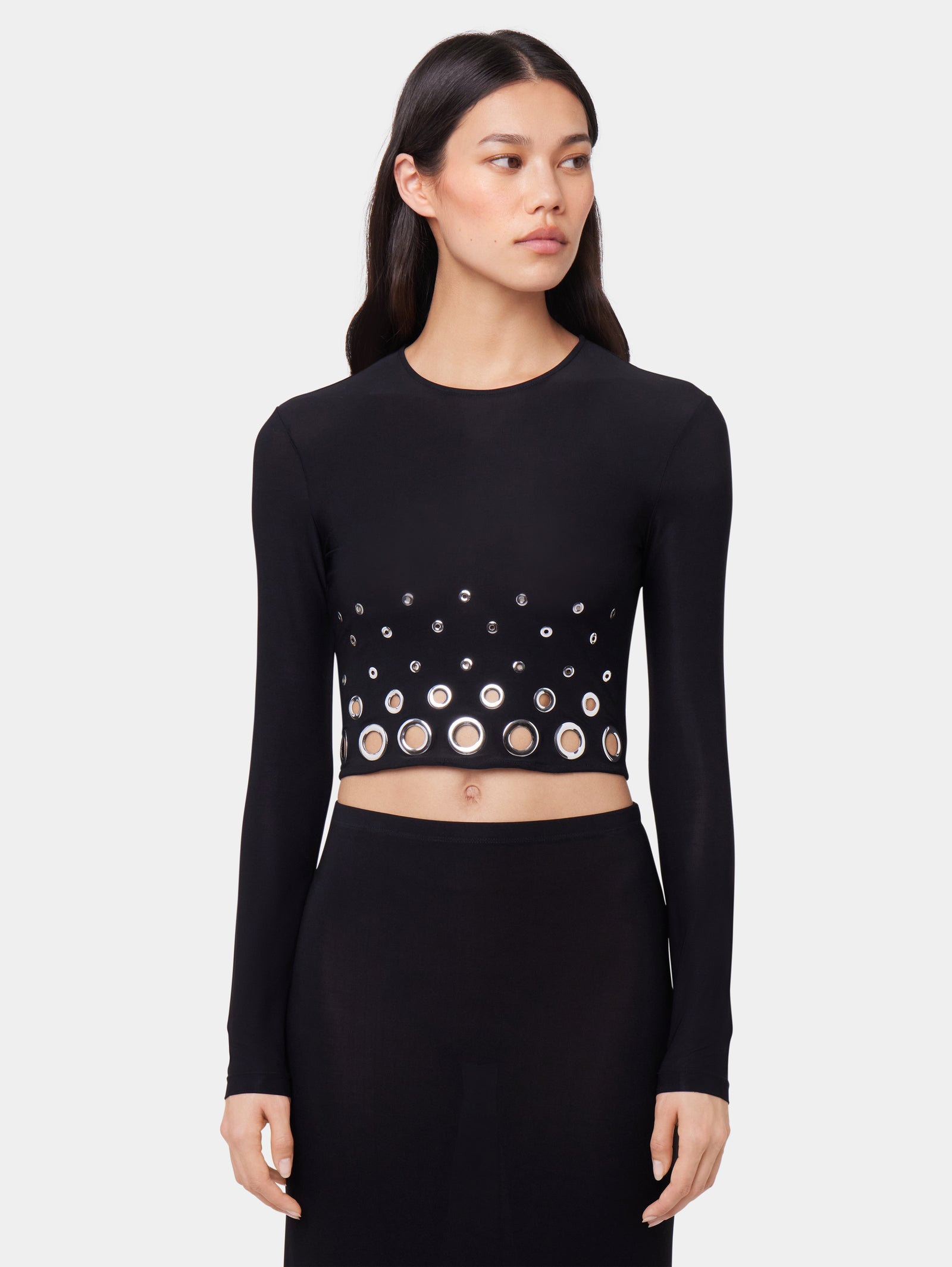 BLACK LONG SLEEVED CROP TOP IN JERSEY SECOND SKIN position 3 - Image 3