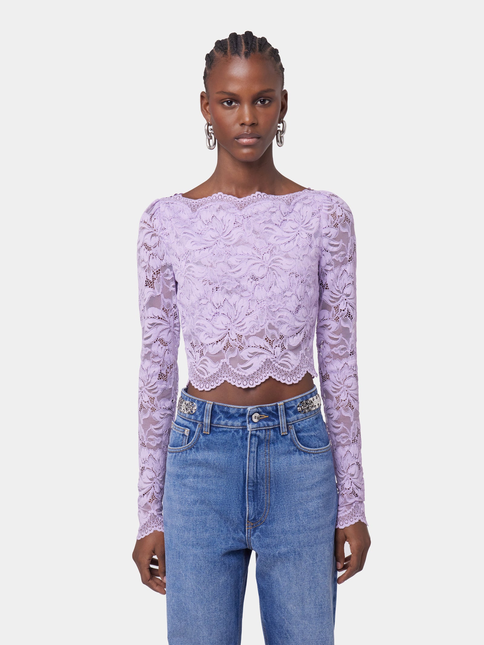 LAVENDER LONG-SLEEVED CROP TOP IN LACE position 2 - Image 2
