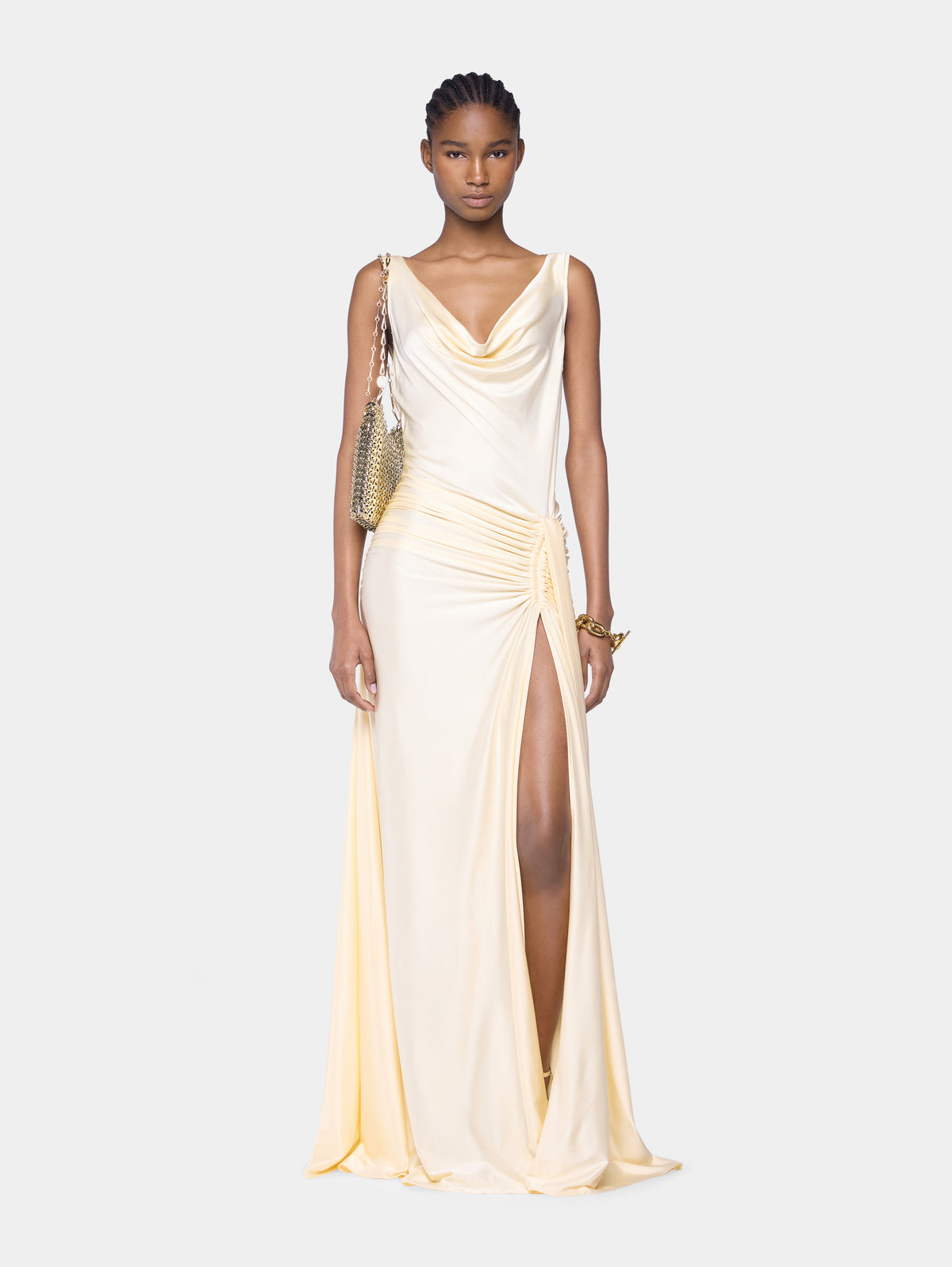 Cream long sleeveless dress in jersey position 1
