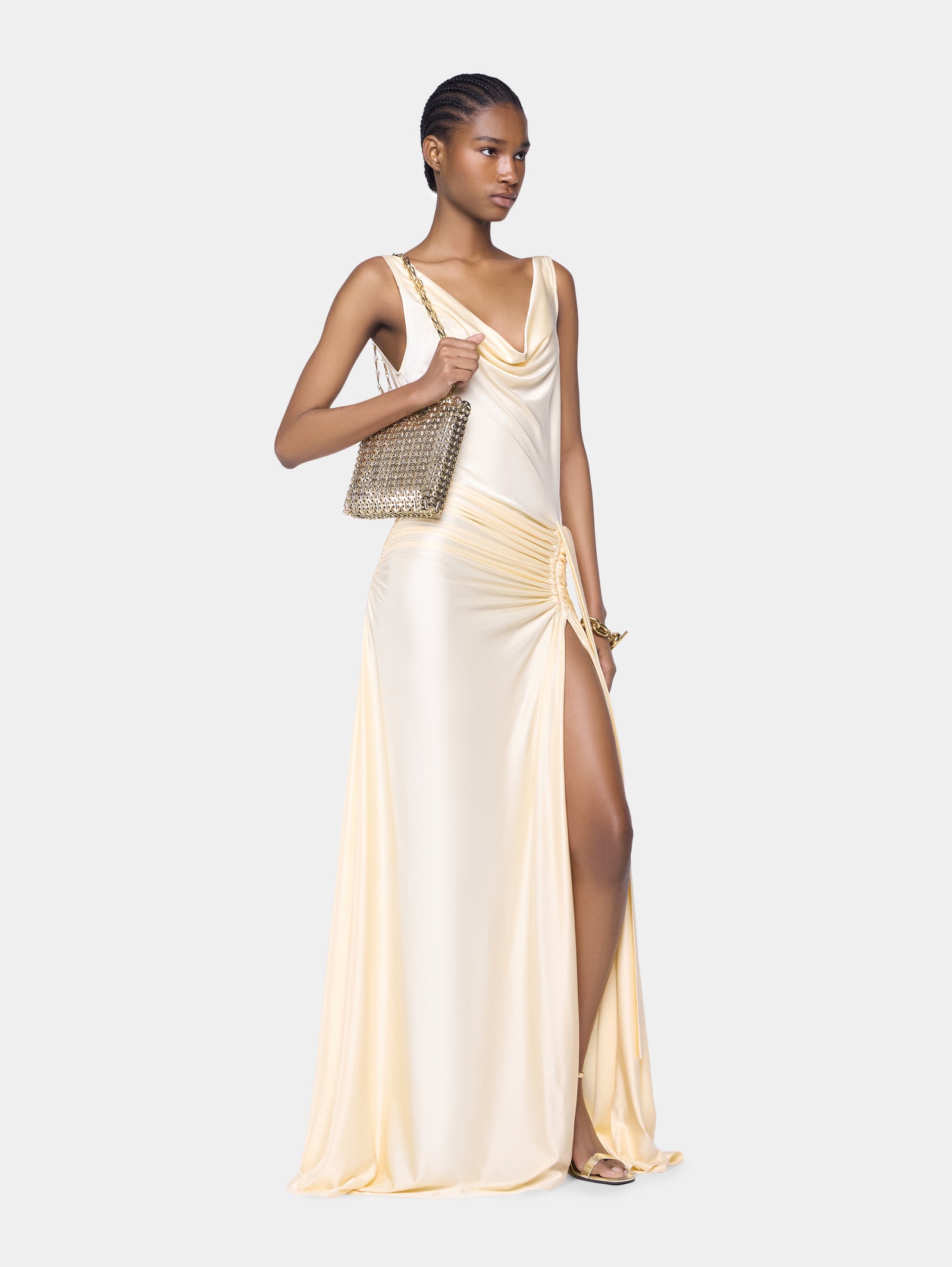 Cream long sleeveless dress in jersey position 3 - Image 3