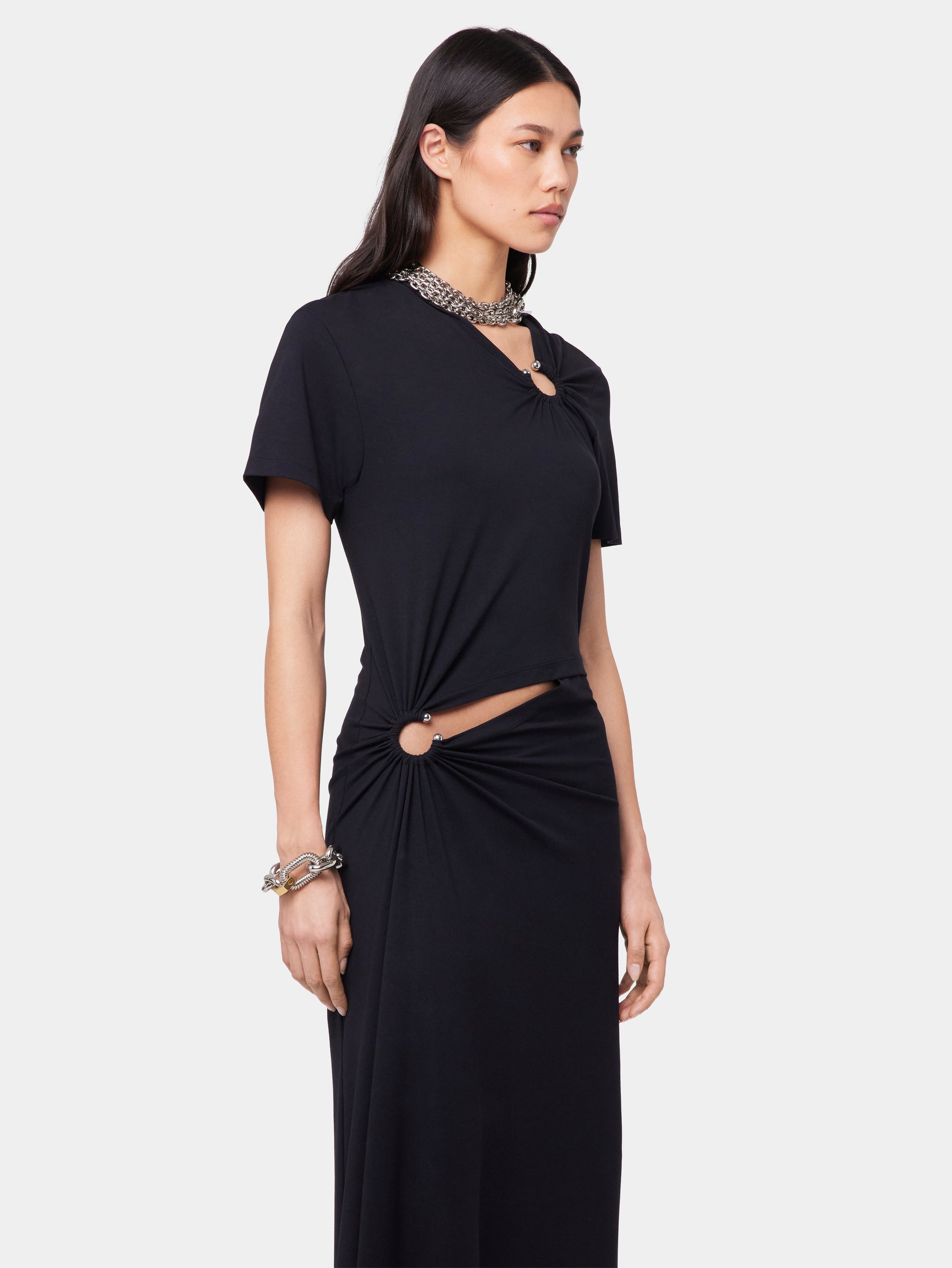 Black long piercing dress in cotton jersey position 5