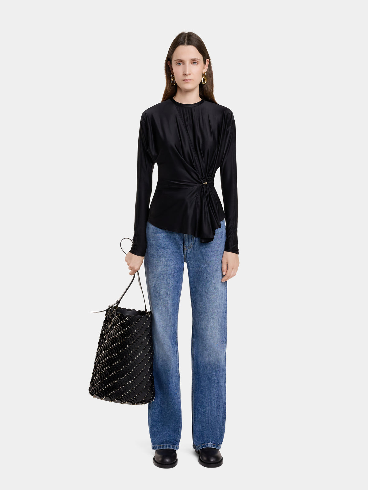 Grand sac seau Paco noir et or en cuir