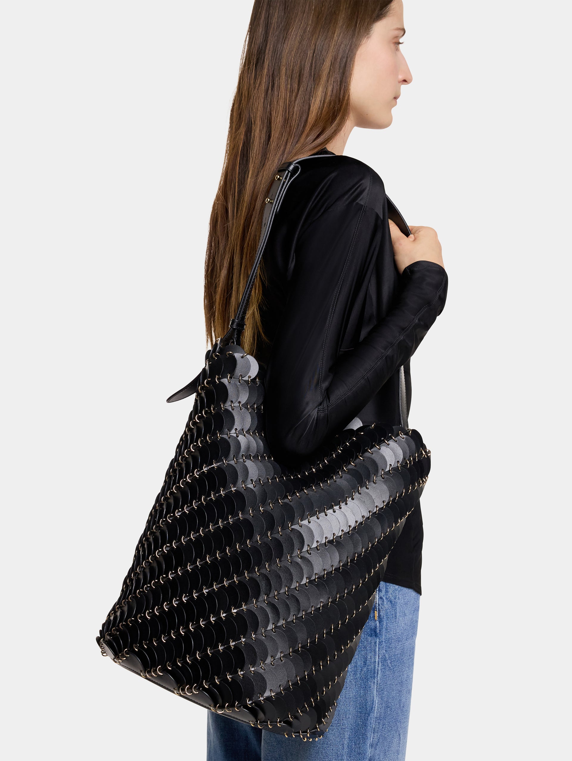 Grand sac seau Paco noir et or en cuir