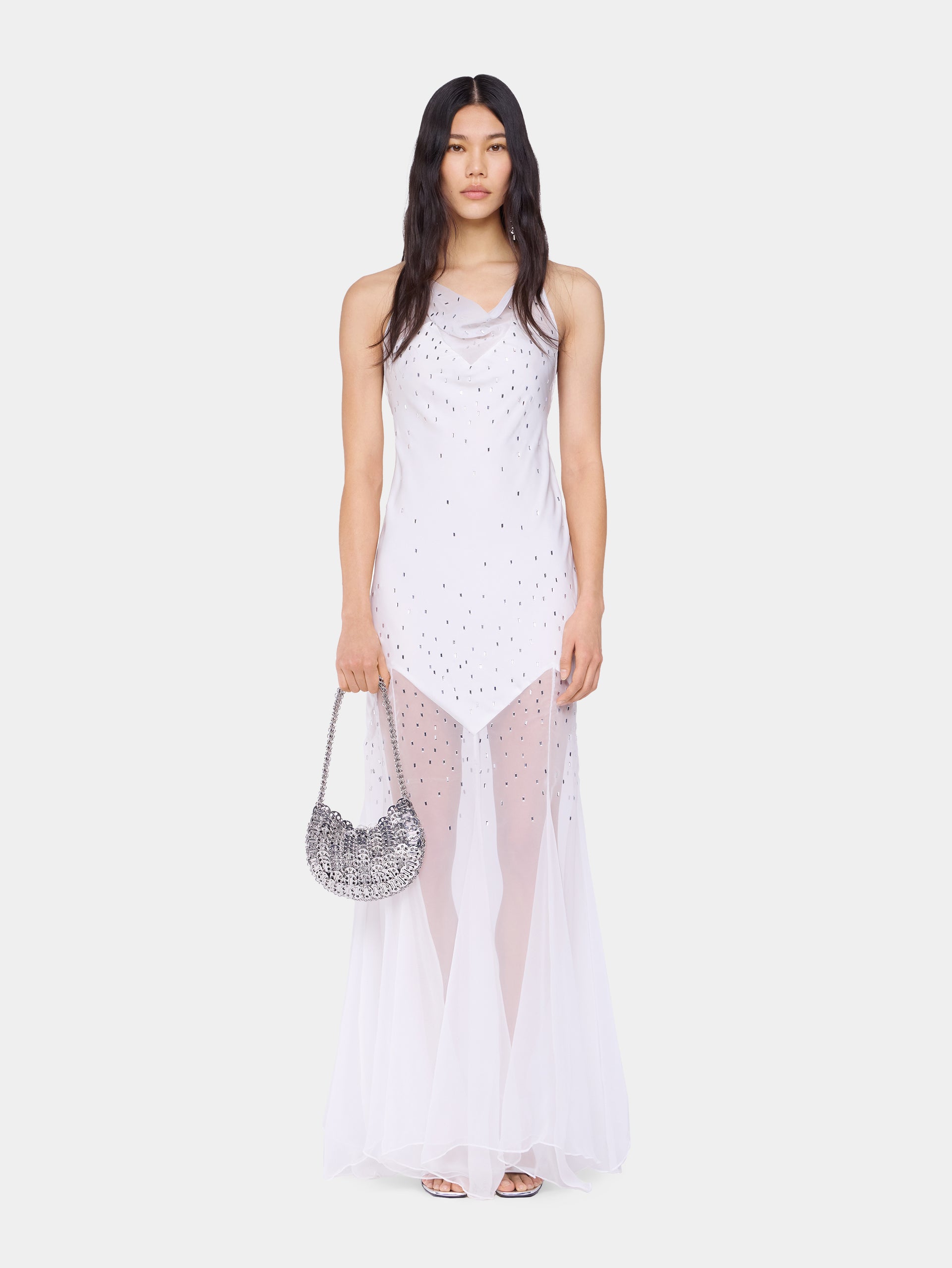 White long dress sleeveless in muslin and satin position 1