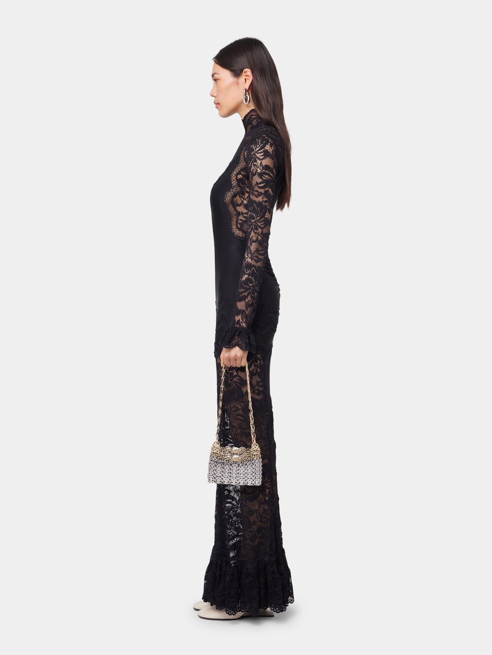 Black long dress in lace and jersey - Image 3