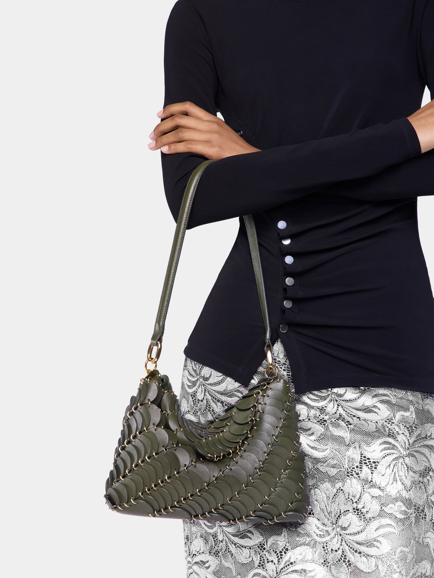 Khaki paco shoulder clutch in calfskin leather