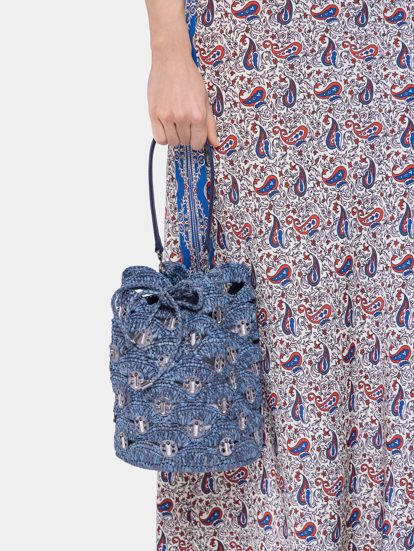 Denim blue raffia bucket bag