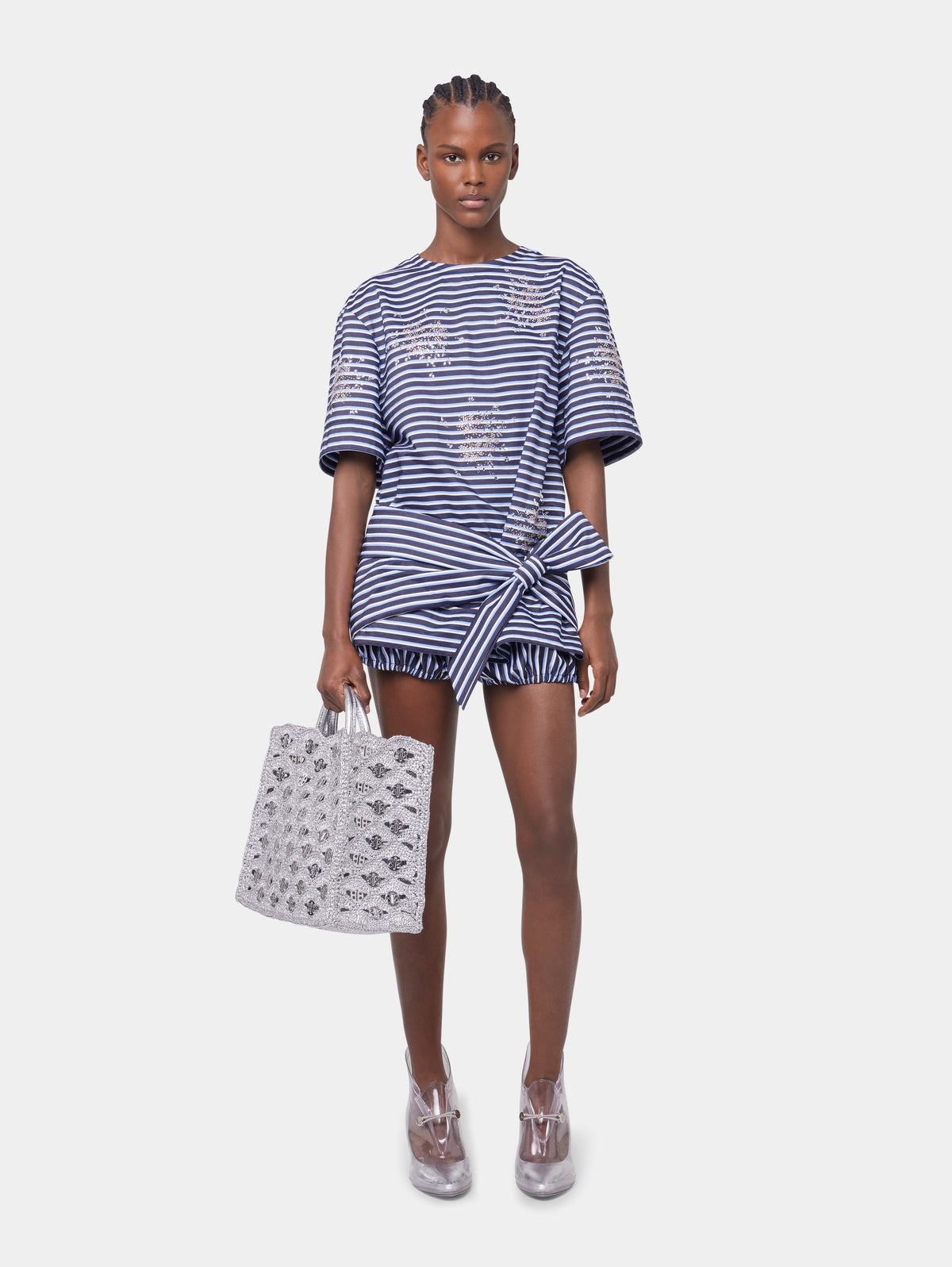 STRIPED WHITE AND BLUE EMBROIDERED TEE-SHIRT IN COTTON POPLIN position 3 - Image 3