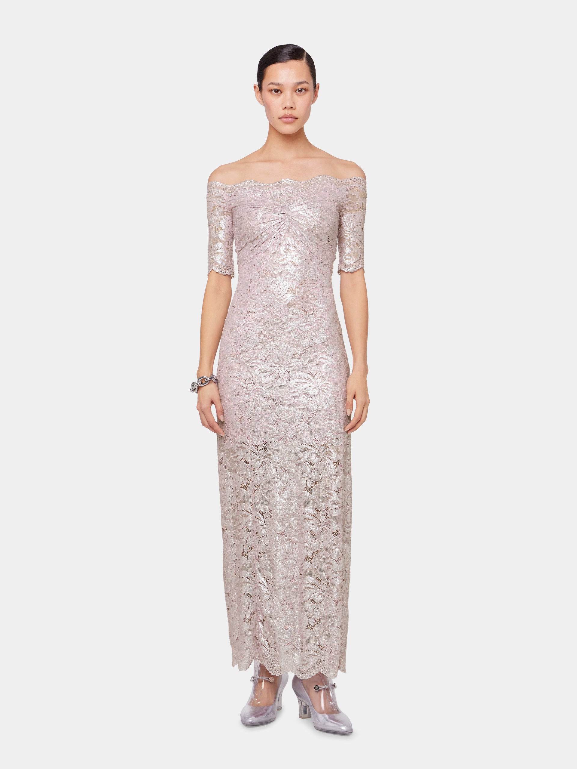 PINK LONG DRESS IN LACE WITH SILVER INDUCTION position 1