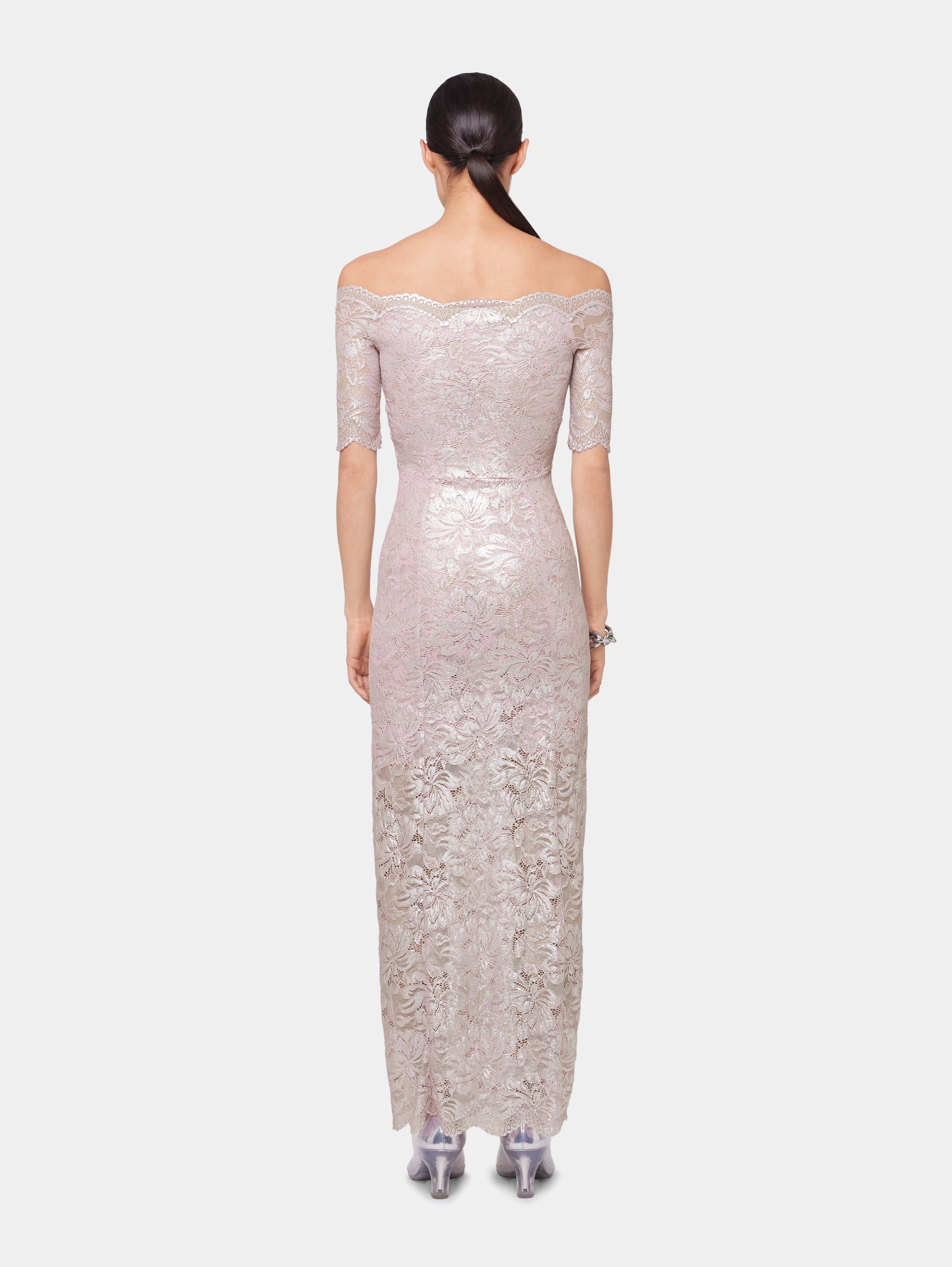 PINK LONG DRESS IN LACE WITH SILVER INDUCTION position 5