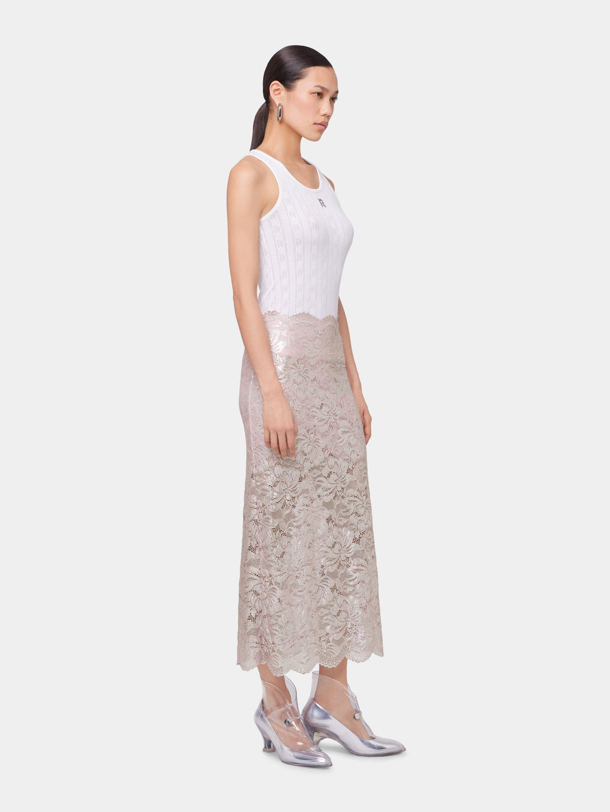 LIGHT PINK LONG SKIRT IN LACE WITH SILVER INDUCTION position 6